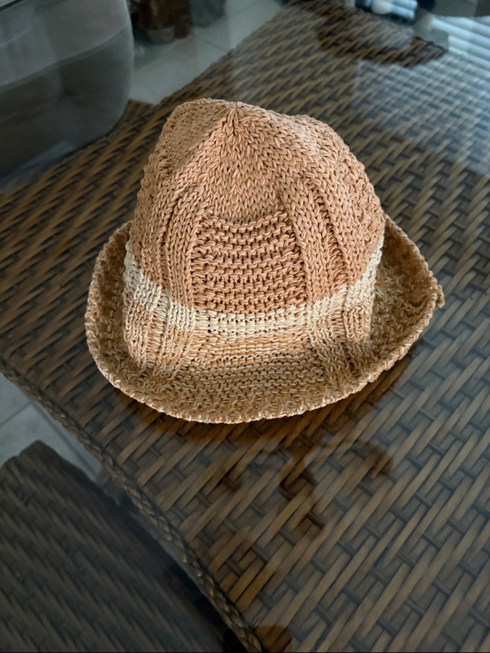 Woven Straw Bucket Hat in Natural Tan and Cream